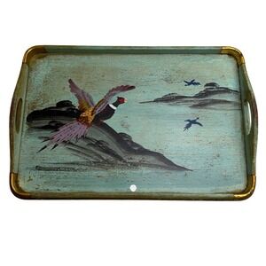 Vintage Hand Painted Pheasant Wood Tray Teal Gold Rustic Cabin Core Decor 17in